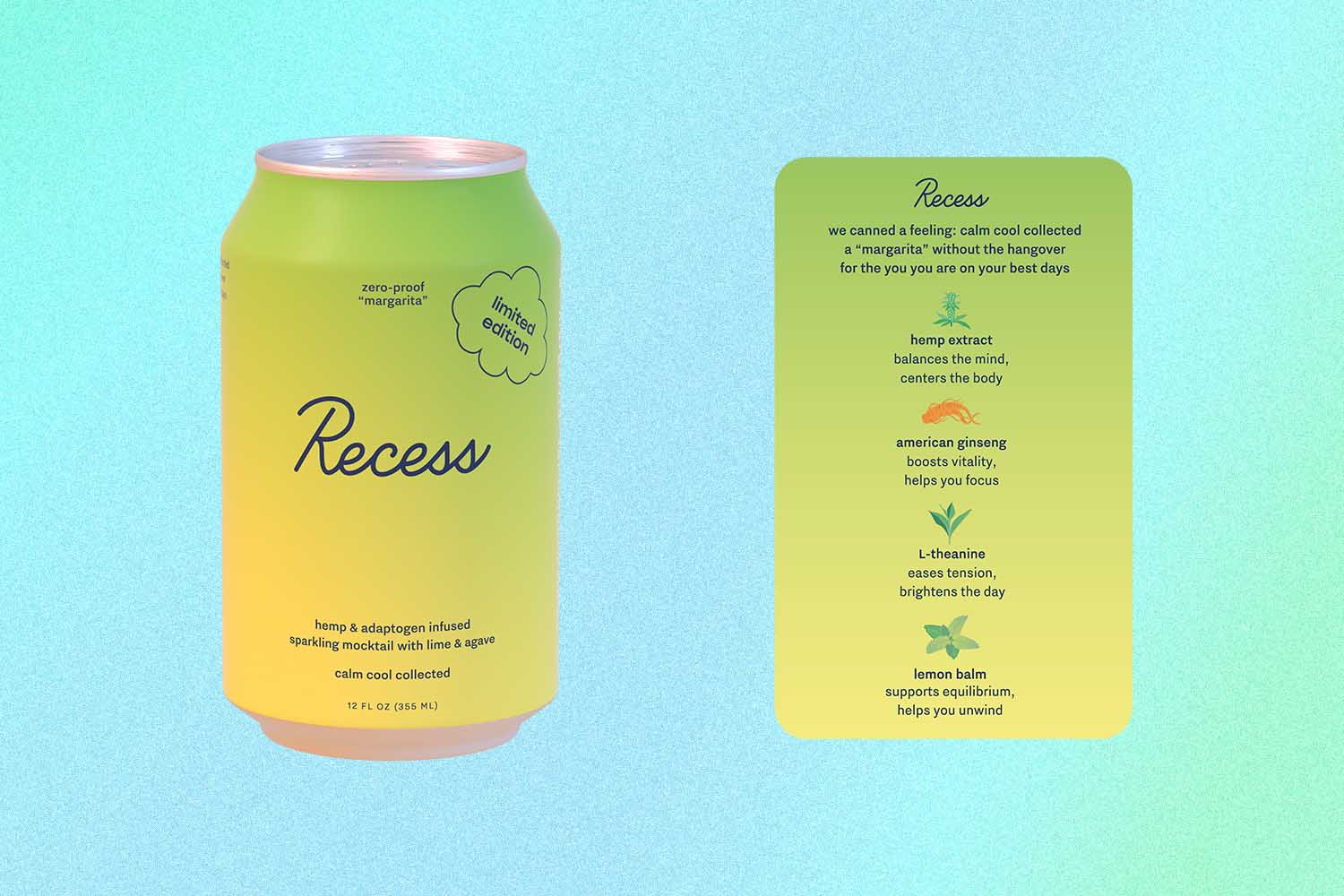 A can of Recess Zero-Proof Margarita and its purported health benefits