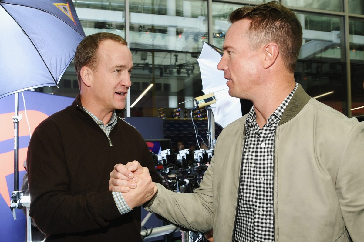 Peyton Manning and Matt Ryan attend the Fanatics Super Bowl party in 2019. Colts legend Reggie Wayne feels like Ryan can be similar to Manning now that he's with the Indianapolis Colts for the 2022-2023 NFL season.