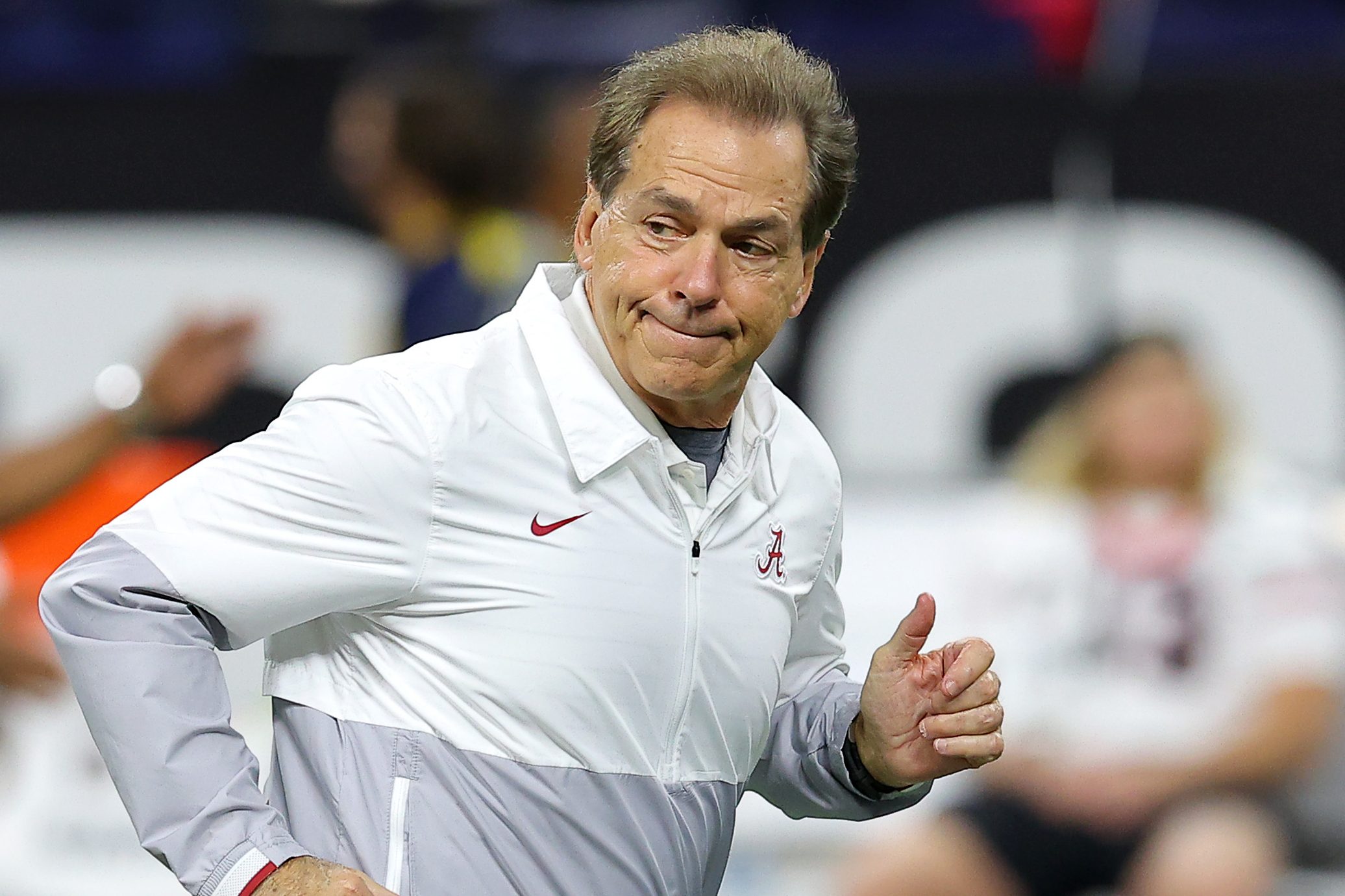 Head coach Nick Saban of the Alabama Crimson Tide looks on during pregame warm-ups