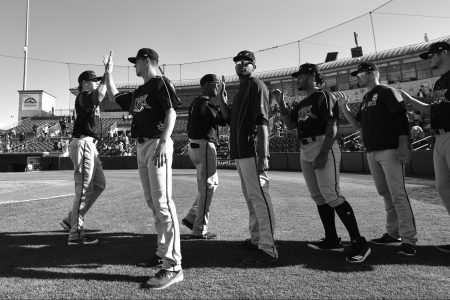 Lake Elsinore Storm players gather before a game vs the Lancaster JetHawks at The Hangar
