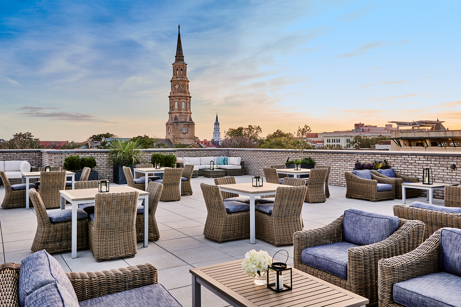 The rooftop of The Loutrel, a new 50-room boutique hotel in Charleston, South Carolina. The Rooftop Terrace provides one of the best views of the city.