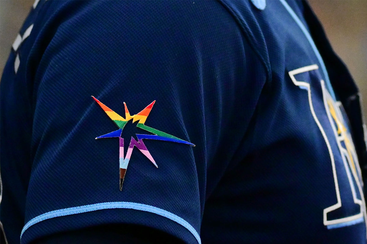 A Pride patch on a Tampa Bay Rays jersey sleeve.