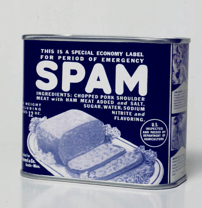 "This can and label were used during the war. There was printing that needed to be done for other war efforts. Hormel tried to minimize what was needed on the printing-press side when it created these labels. They were closer to black-and-white so it was very efficient. It was an economy label for a period of emergency."