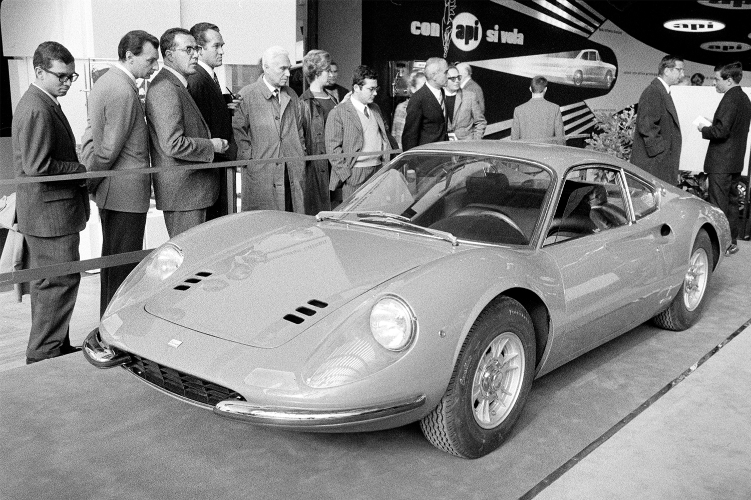 The production model of Ferrari’s Dino 206 GT at the Turin Auto Show in October 1967