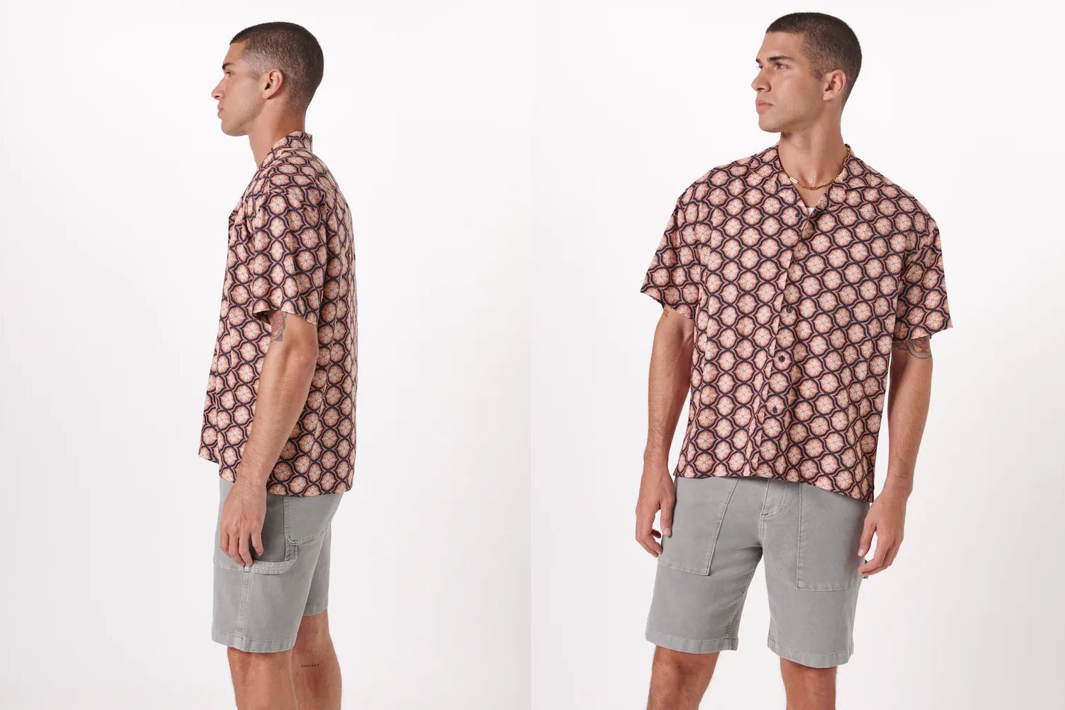 two side-by-sdie model shots of a summery Abercrombie & Fitch shirt