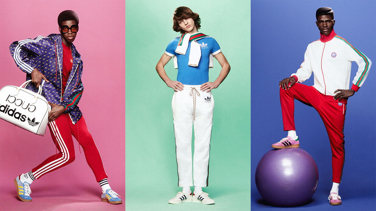 Three models in Adidas x Gucci on colored backgrounds
