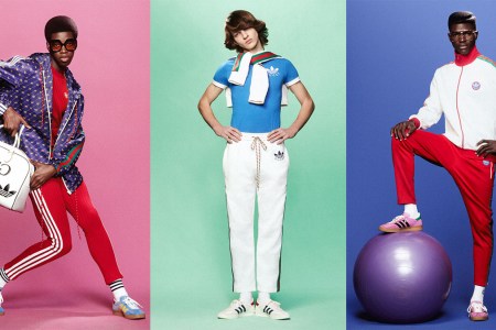 Three models in Adidas x Gucci on colored backgrounds