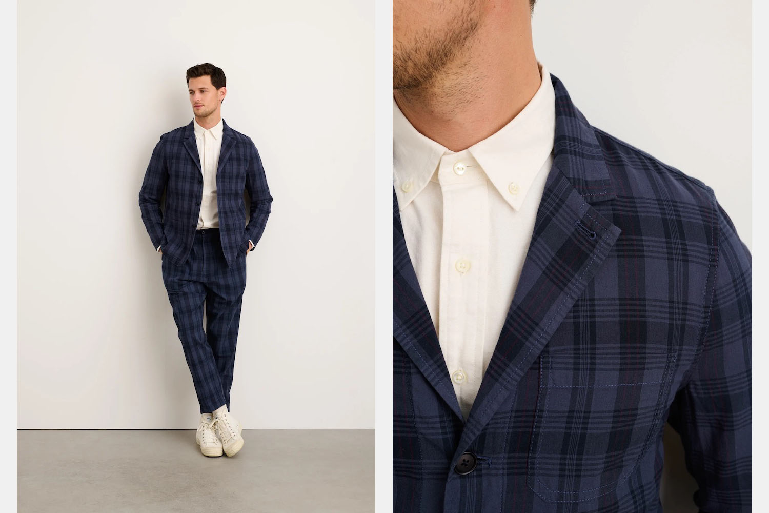 two model shots of the Alex Mill Madras Suit on a white background