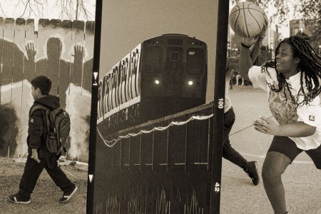 Three photos from Chicago photographer Vashon Jordan Jr., including a boy next to the Adam Toledo memorial, an L train and a girl playing basketball