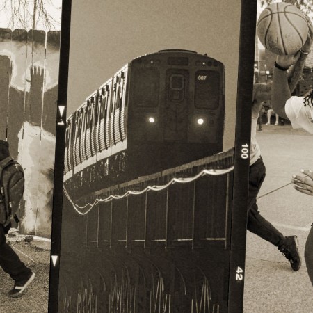 Three photos from Chicago photographer Vashon Jordan Jr., including a boy next to the Adam Toledo memorial, an L train and a girl playing basketball
