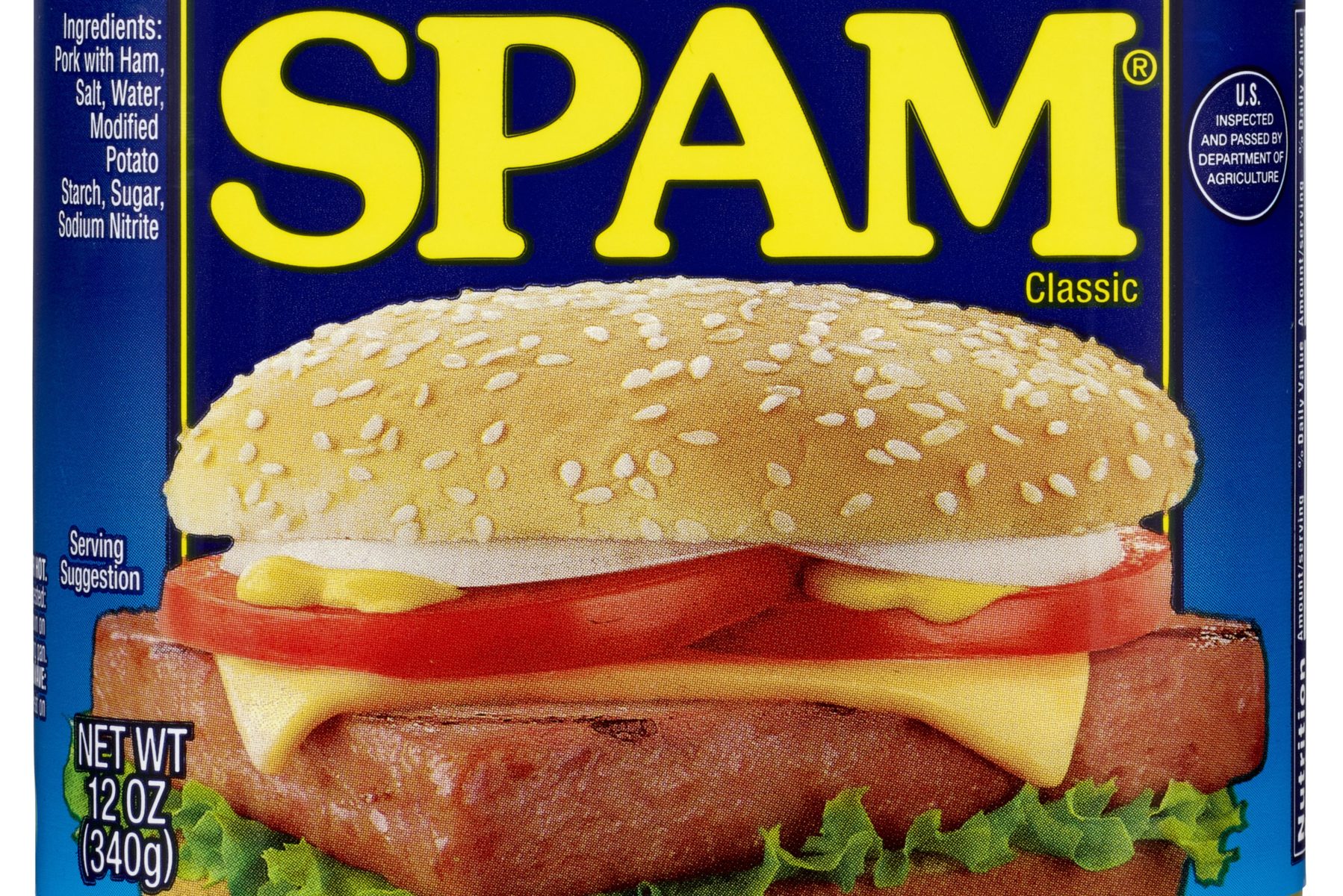 A photo of the Spam can label. The SPAM brand was first introduced on July 5, 1937.