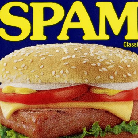 A photo of the Spam can label. The SPAM brand was first introduced on July 5, 1937.