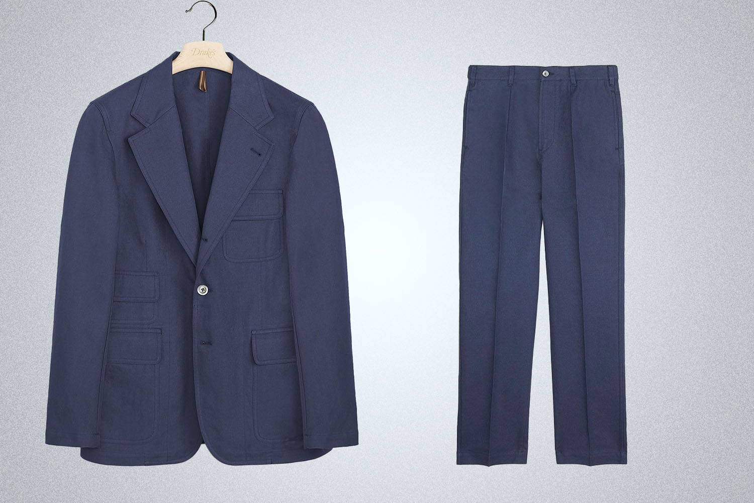 a product shot of the Drake's Hemp Game Suit on a grey background