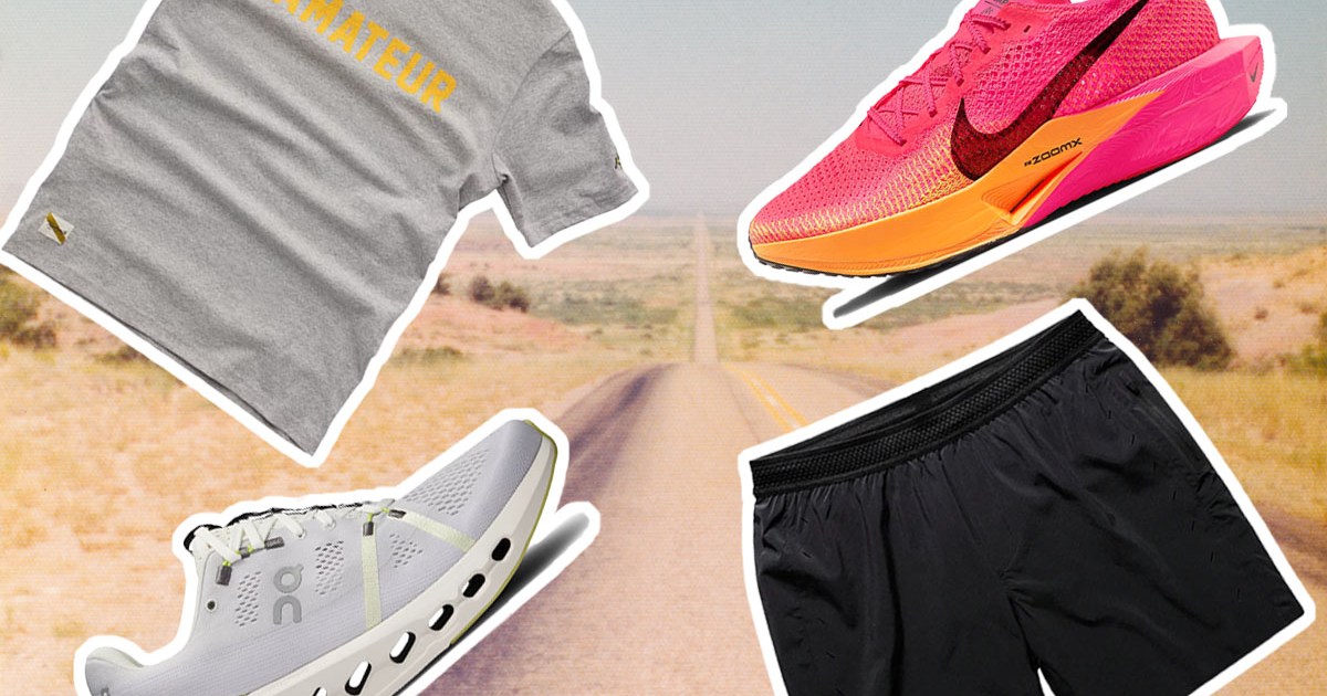 a collage of end of summer running gear on a dirty road background