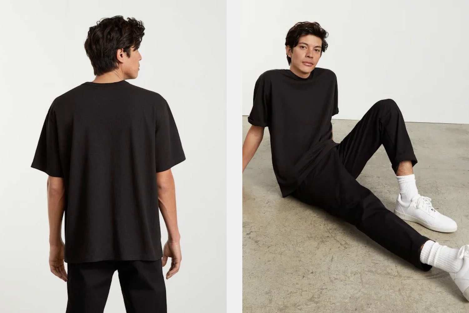 Two side-by-side model shots of an Everlane model in a black hemp tee and black jeans