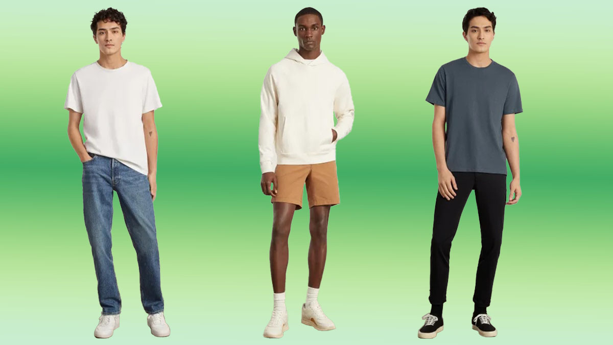 a collection of models in Everlane apparel on a green and yellow gradient background