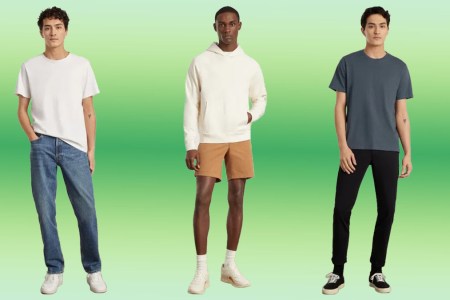 a collection of models in Everlane apparel on a green and yellow gradient background