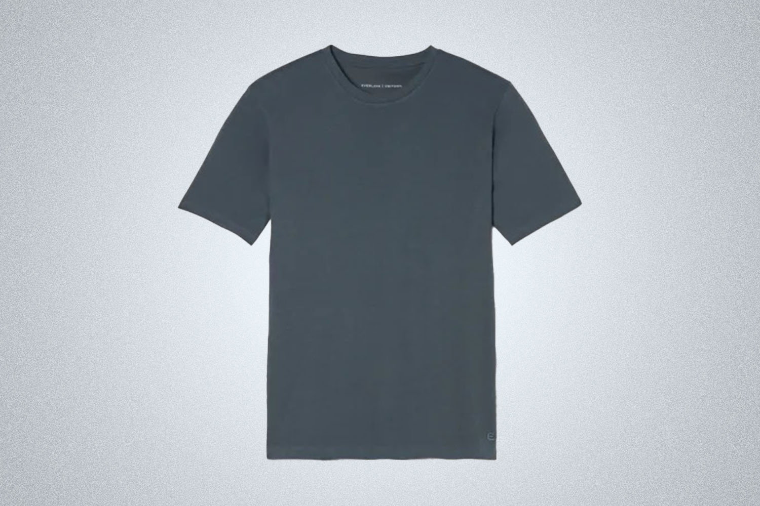 a grey short sleeve crew neck cotton tee from Everlane on a grey background