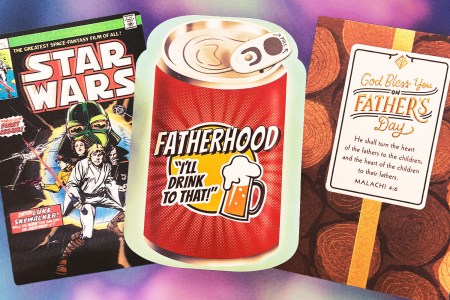 Three different Father's Day cards, one Star Wars themed, one beer themed, one religious