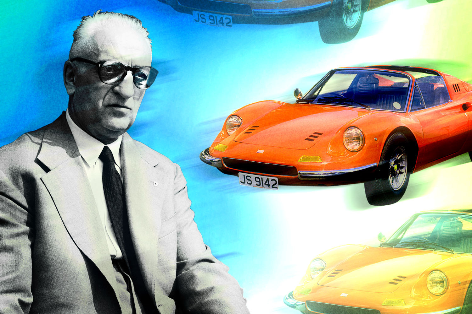 Enzo Ferrari in black and white pictured here in 1959. He's shown next to a 1973 Ferrari Dino 246 GTS road car, which was inspired by his son Alfredo, or Alfredino, Ferrari.