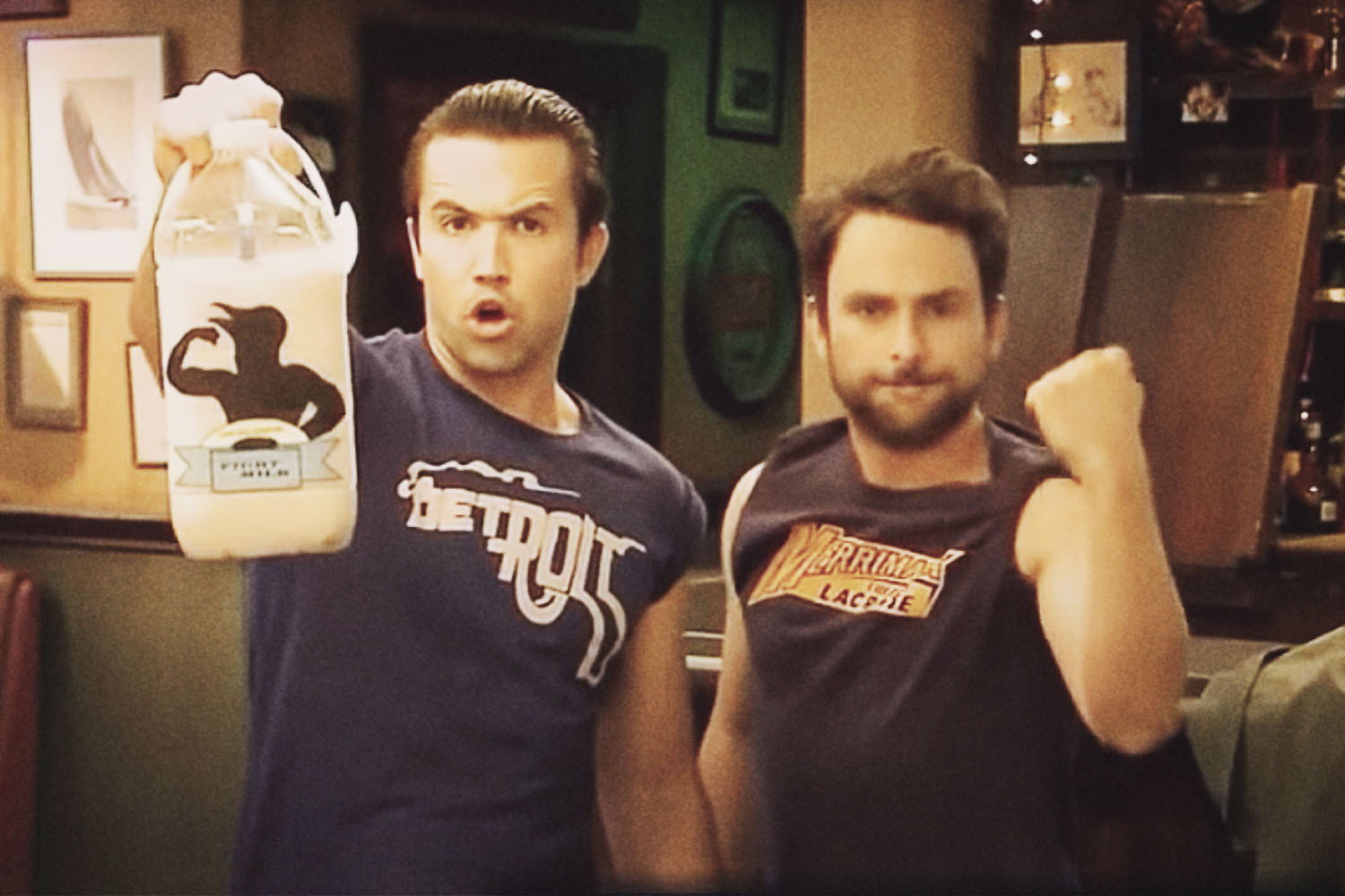Mac and Charlie from "It's Always Sunny in Philadelphia" debuting their bodyguard drink Fight Milk