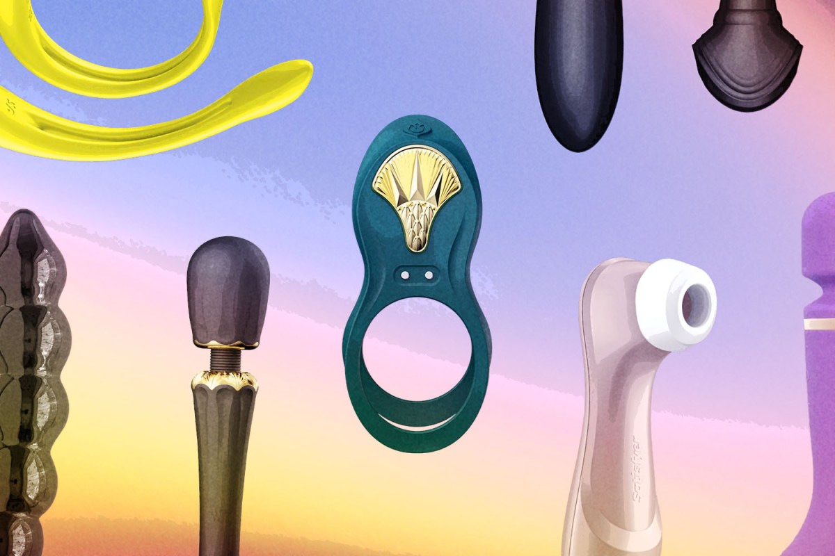 Various sex toys are displayed on a purple and yellow background