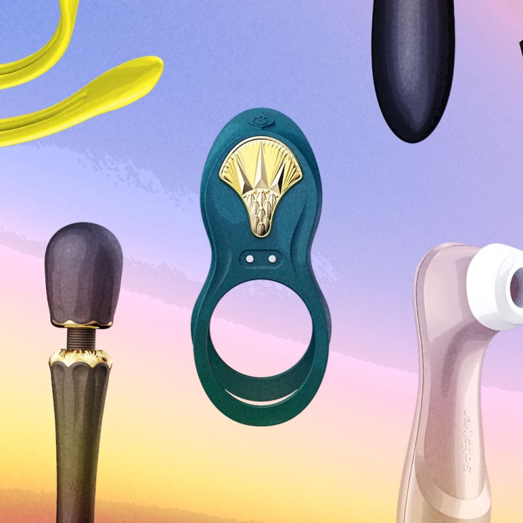 Various sex toys are displayed on a purple and yellow background