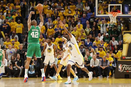Al Horford of the Boston Celtics attempts a 3-pointer in the NBA Finals on Thursday, June 2, 2022. Here's why the NBA Finals is a 3-point contest now.