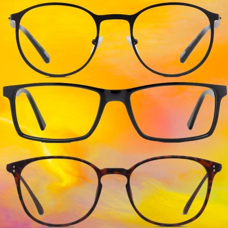 Three pairs of eyeglasses from GlassesUSA on an orange abstract background