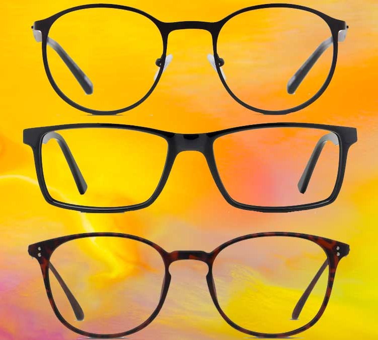 Three pairs of eyeglasses from GlassesUSA on an orange abstract background