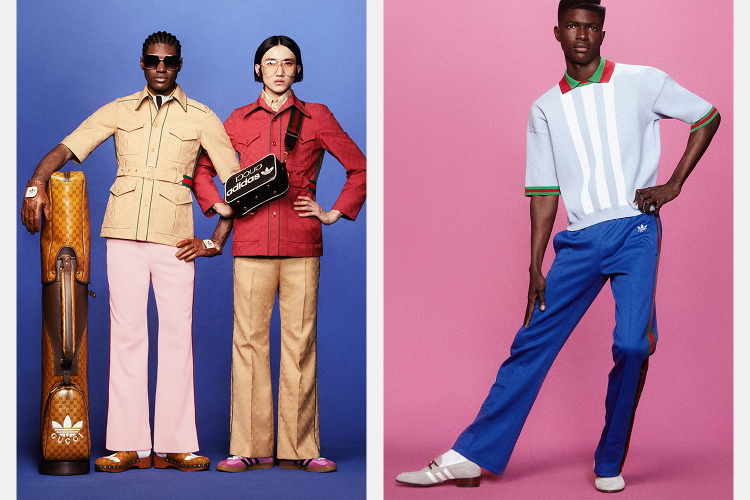 two model shots of three models wearing Adidas x Gucci on colored background