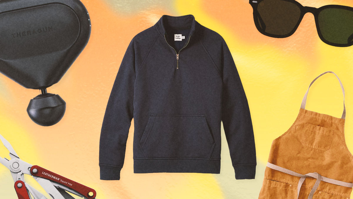 a collage of Huckberry Father's Day Shop items on a yellow-orange background