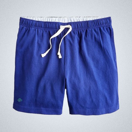 a pair of electric blue 7" rugby shorts from J.Crew on a grey background