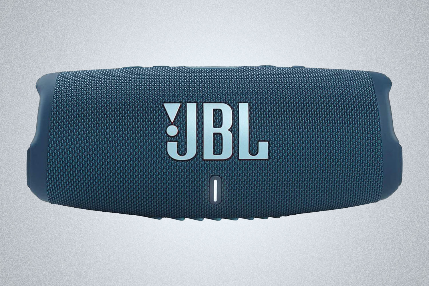 A blue waterproof JBL Charge 5 speaker on a grey background
