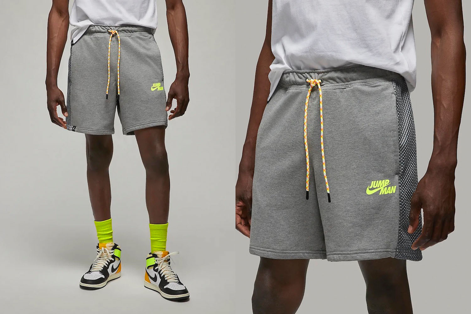 two model shots of a model in grey Nike Jordan sweatshorts