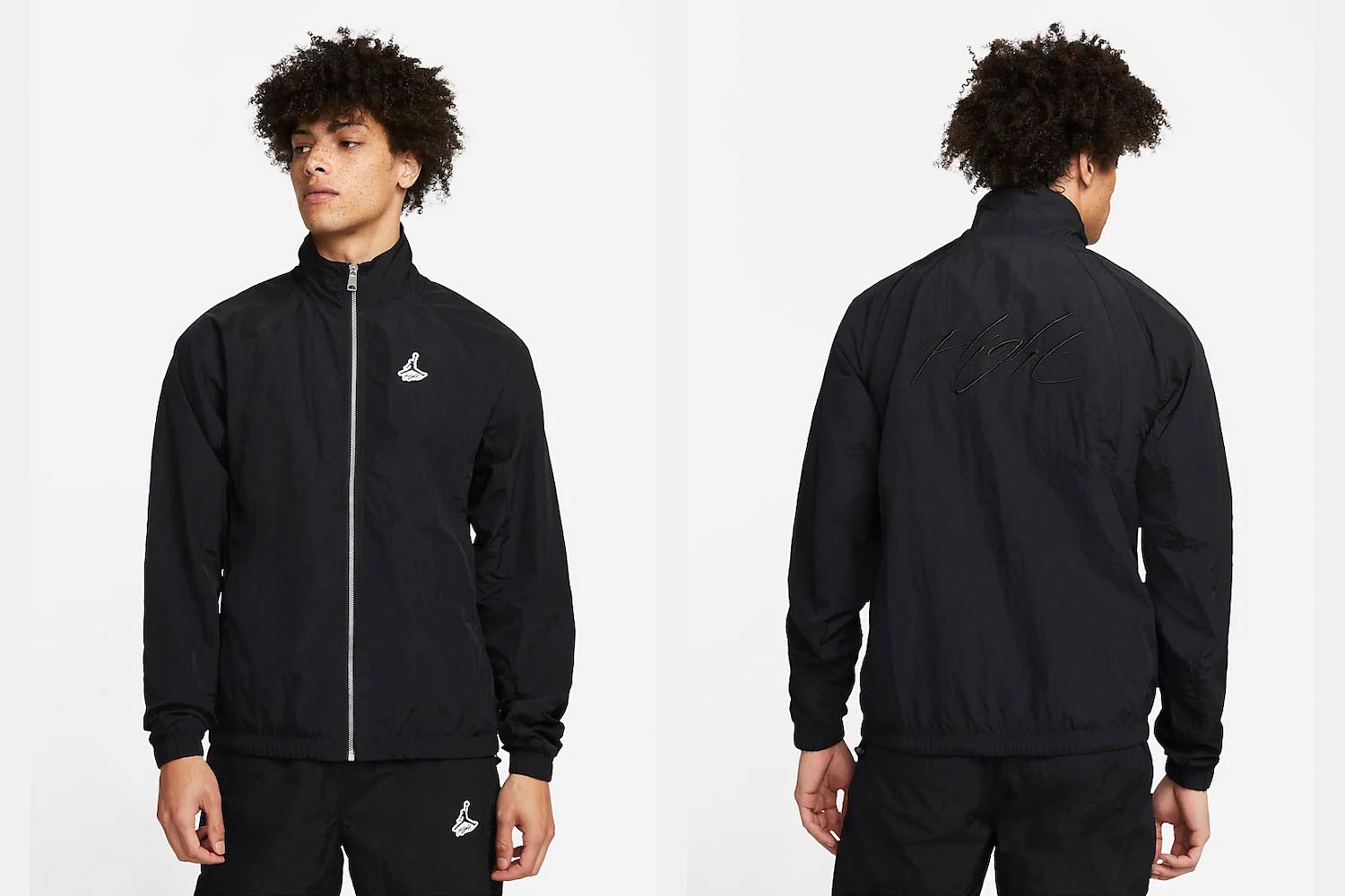 two model shots of a model in a Nike Jordan black warmup zip jacket