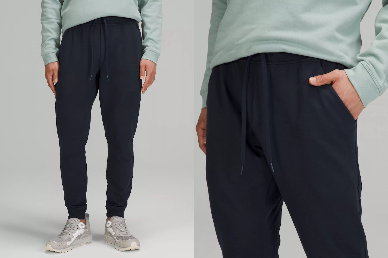 two model shots on navy sweatpants from lululemon
