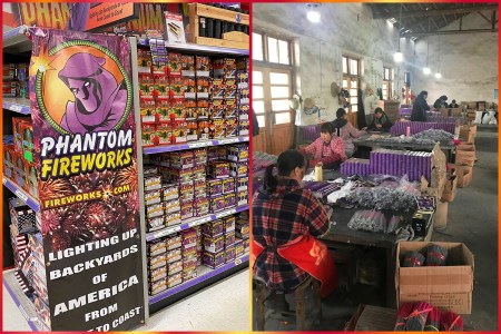 Shelves at a Phantom Fireworks store on the left side. On the right side, a fireworks factory in China.