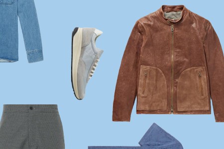 a collage of apparel and footwear from Mr. Porter's Summer Sale on a blue background