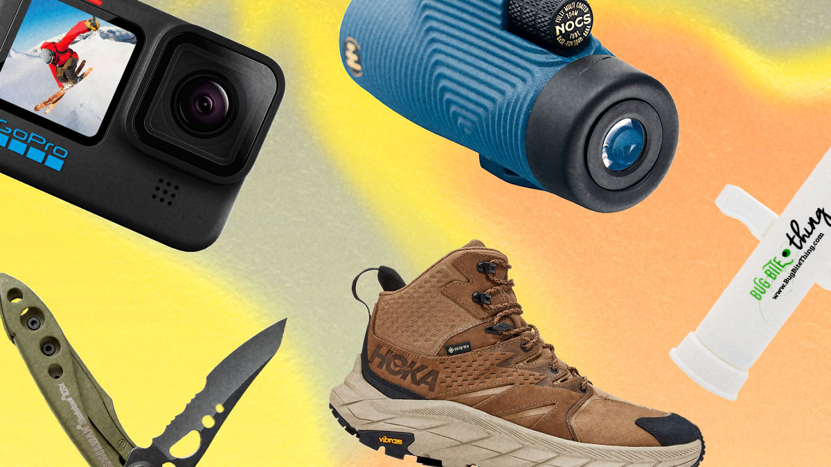 a collage of outdoorsy items on a yellow background