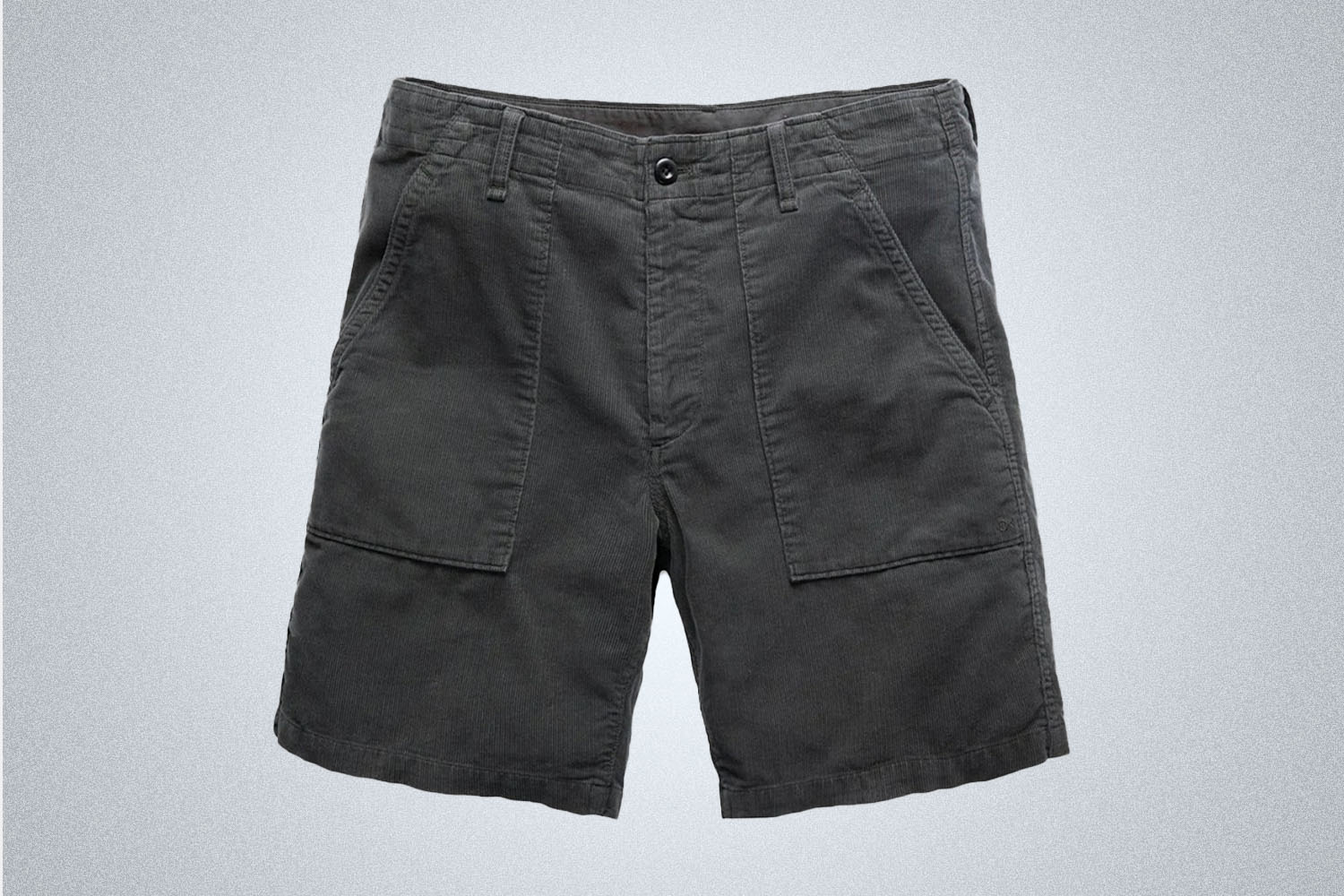 a black pair of corduroy shorts from Outerknown on a grey background