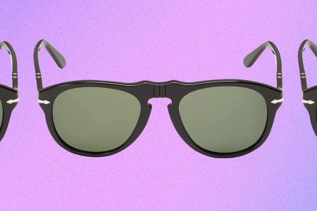 A collage of black Persol aviator sunglasses with green lenses on a light purple background