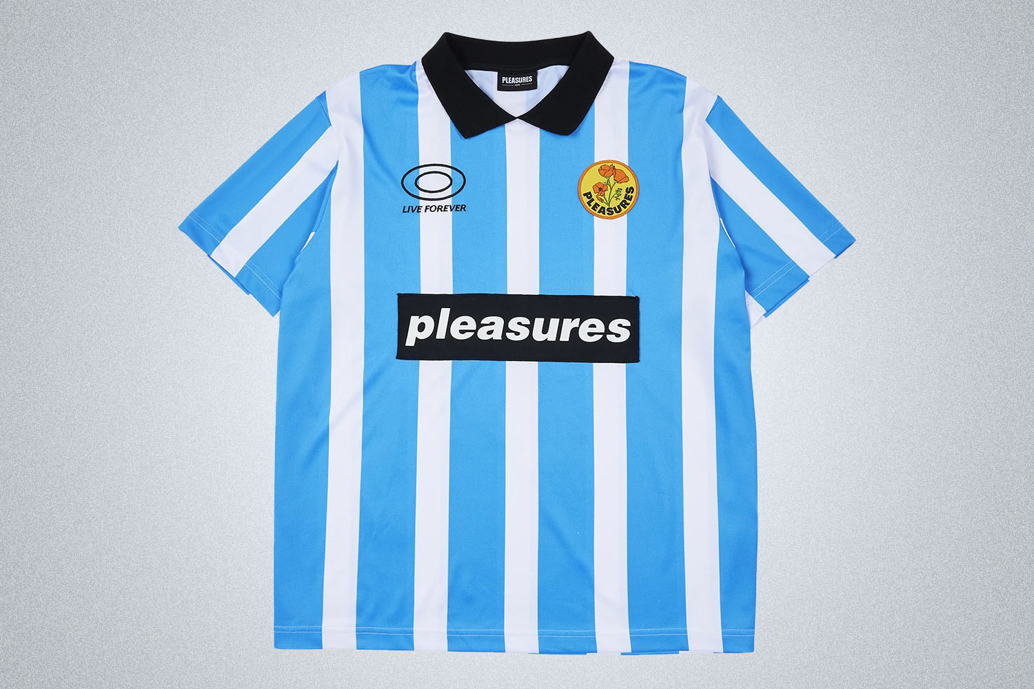 a light blue and white vertical striped soccer jersey from Pleasures on a grey background