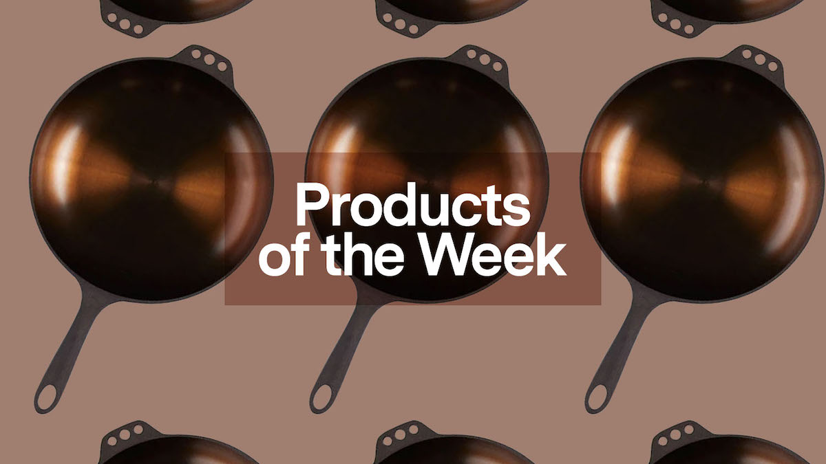 a collage of Smithey Skillets on a light brown background with the "products of the week" banner centered over the images
