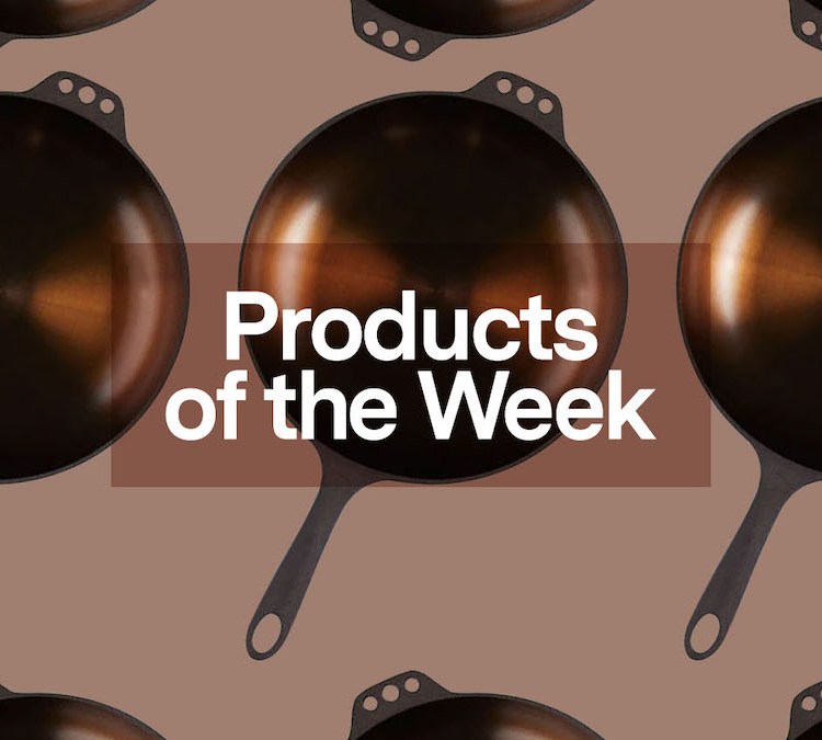 a collage of Smithey Skillets on a light brown background with the "products of the week" banner centered over the images