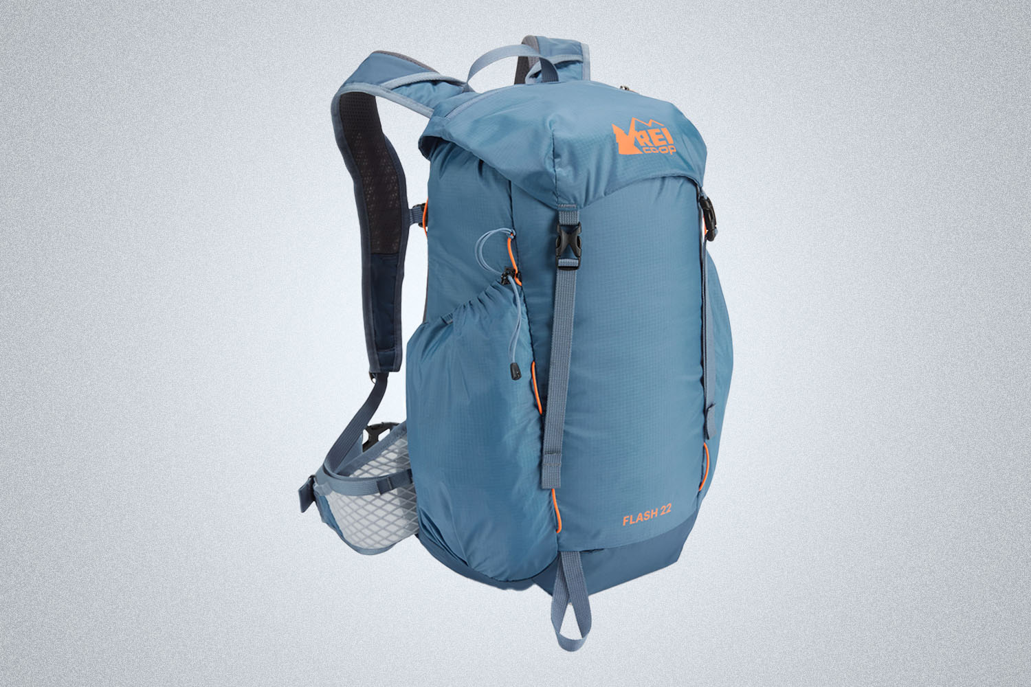 a lightweight blue pack from REI on a grey background