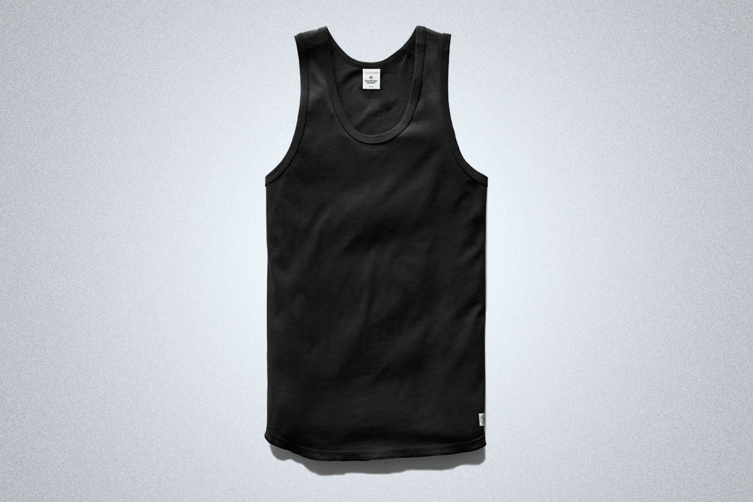 a black Reigning Champ Tank top on a grey background