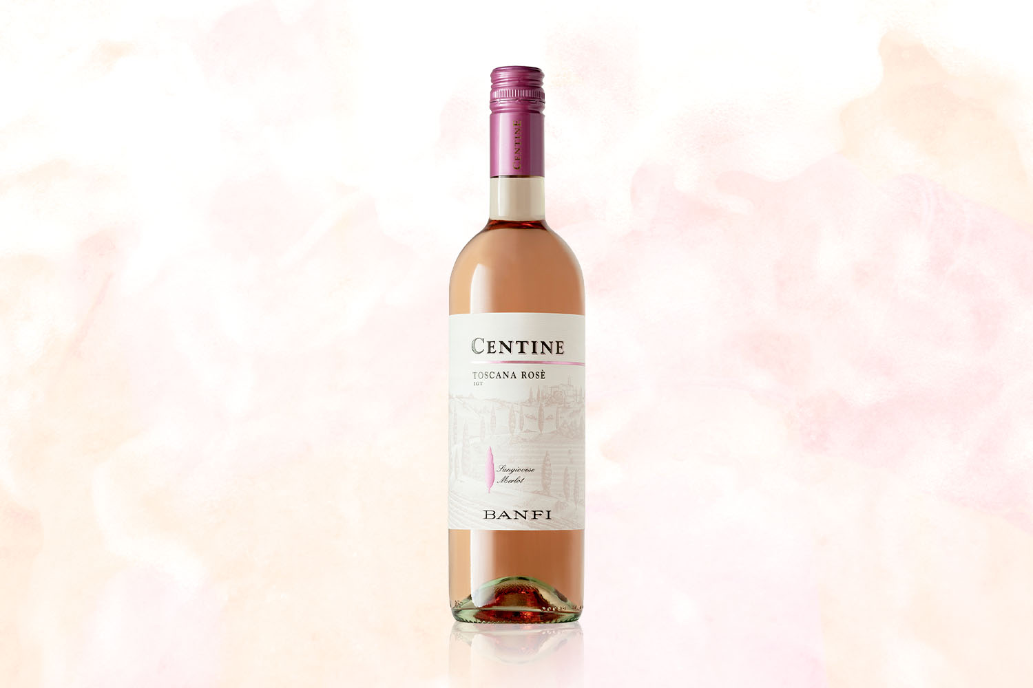A bottle of Centine Rosé on a pale pink background