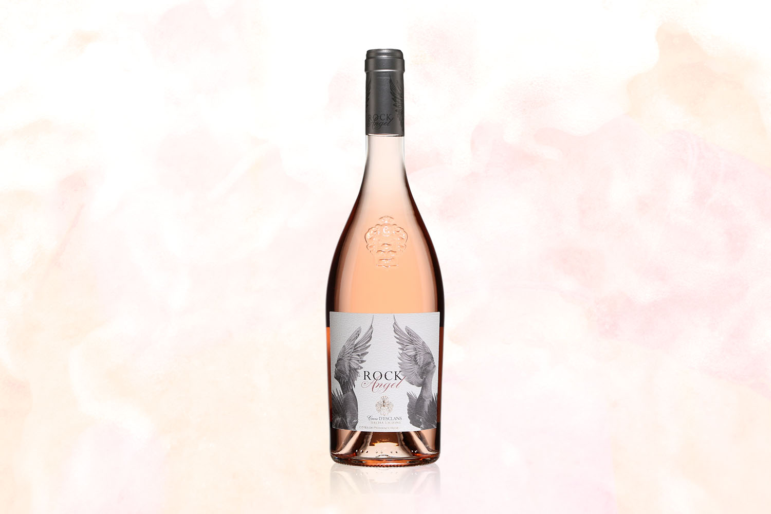 A bottle of Rock Angel Rosé on a pale pink background