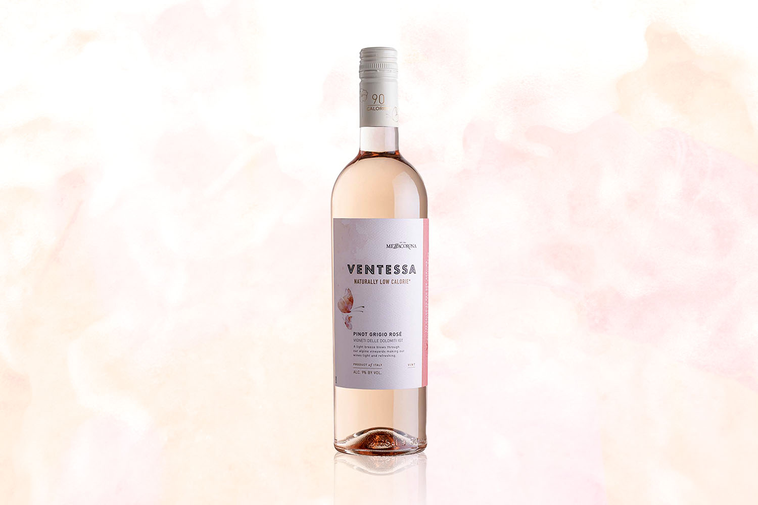 A bottle of Ventessa Pinot Grigio Rosé on a pale pink background